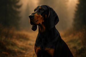 Black and Tan Coonhound with glossy coat and reddish-tan markings stands alert in a misty forest with muted earthy tones