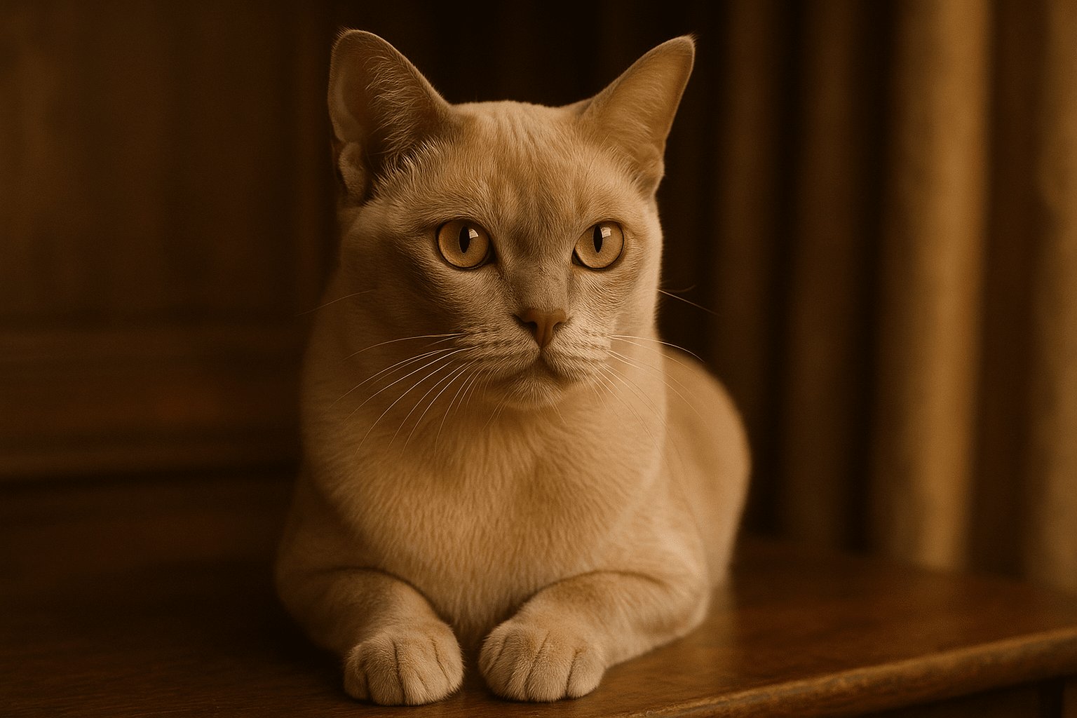 Golden-eyed Burmese cat on rich wooden surface, beige fur and soft lighting with warm tones, blurred background for depth