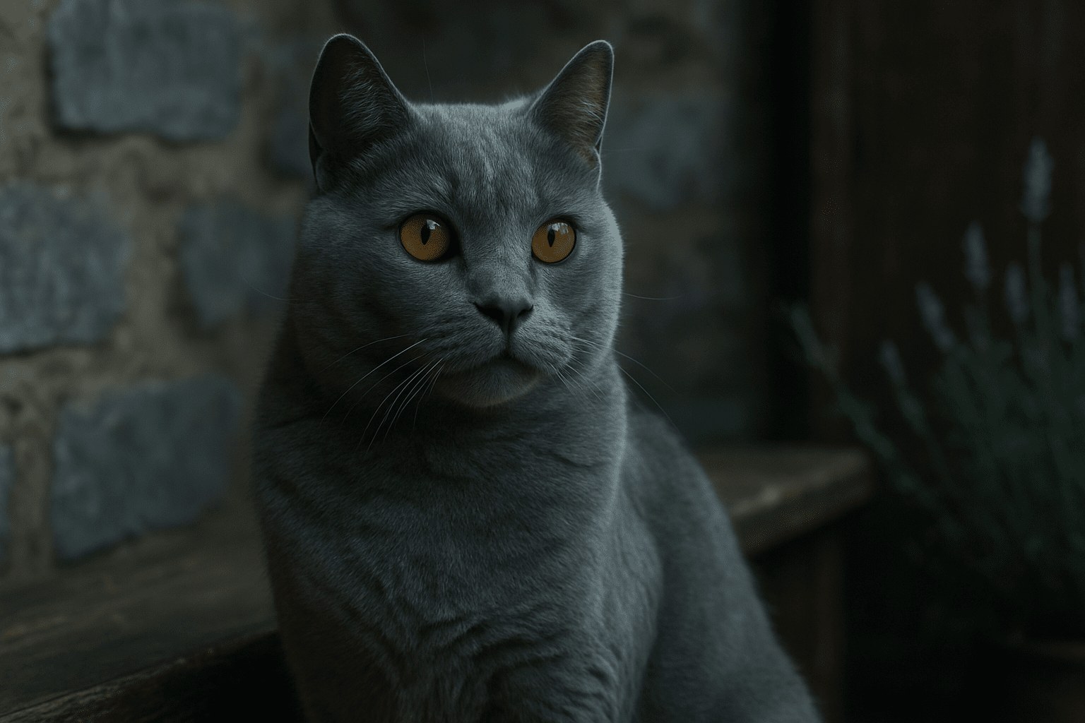 Gray Chartreux cat with amber eyes seated, ears erect, looking right, near stone wall with purple flowers blurred behind