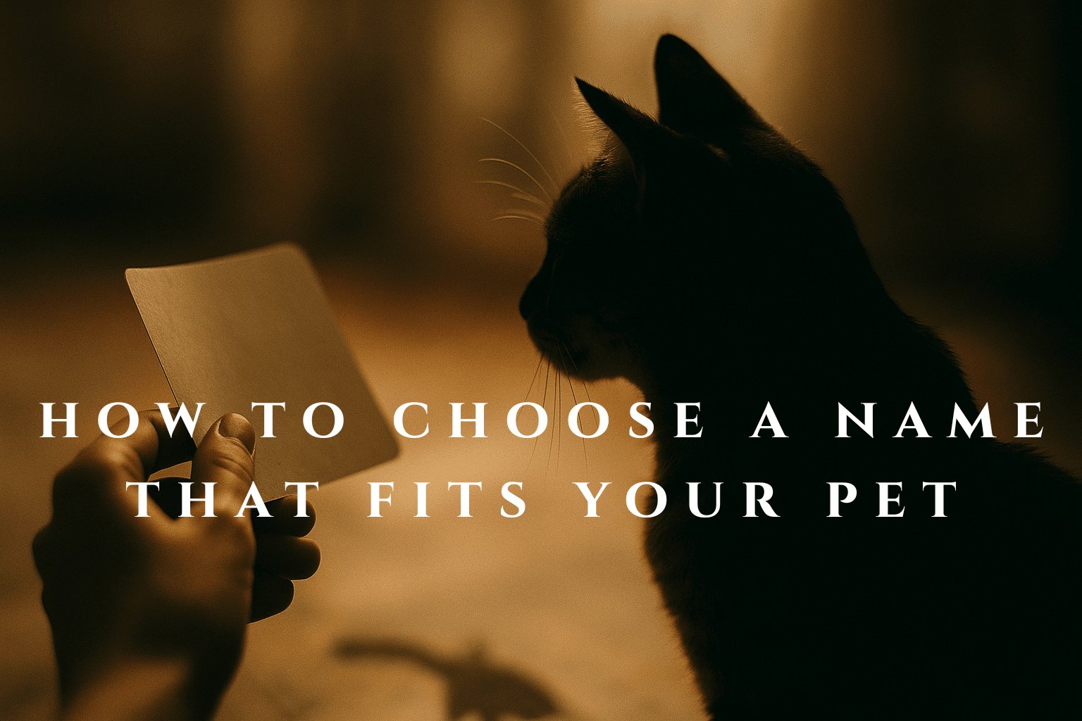 Hand holding blank paper in foreground with silhouetted cat in warm-toned background, light and contrast highlighting both subjects