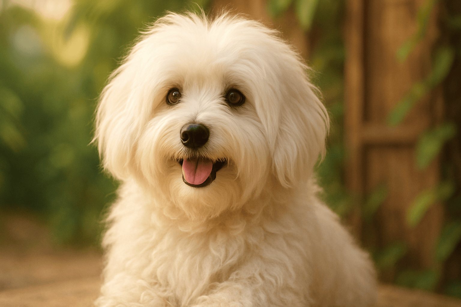 Fluffy white Coton de Tulear dog with happy expression and long, soft fur in warm outdoor setting with blurred green background.