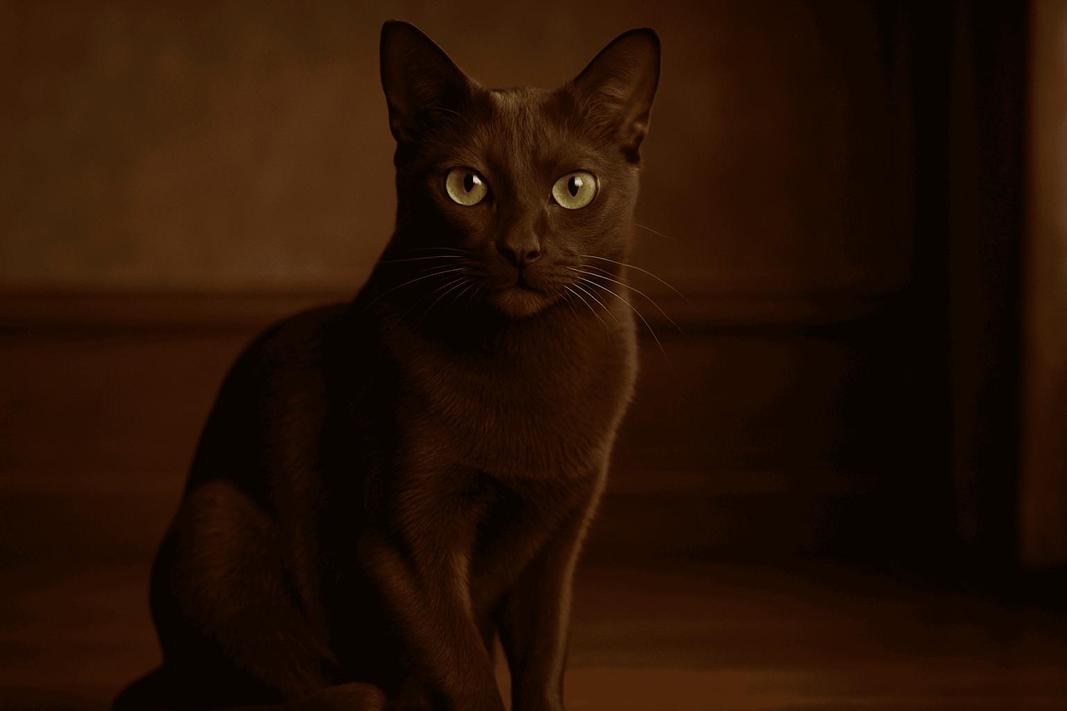 Close-up of a Havana Brown cat with rich dark chocolate fur and bright green eyes, sitting upright and attentive.