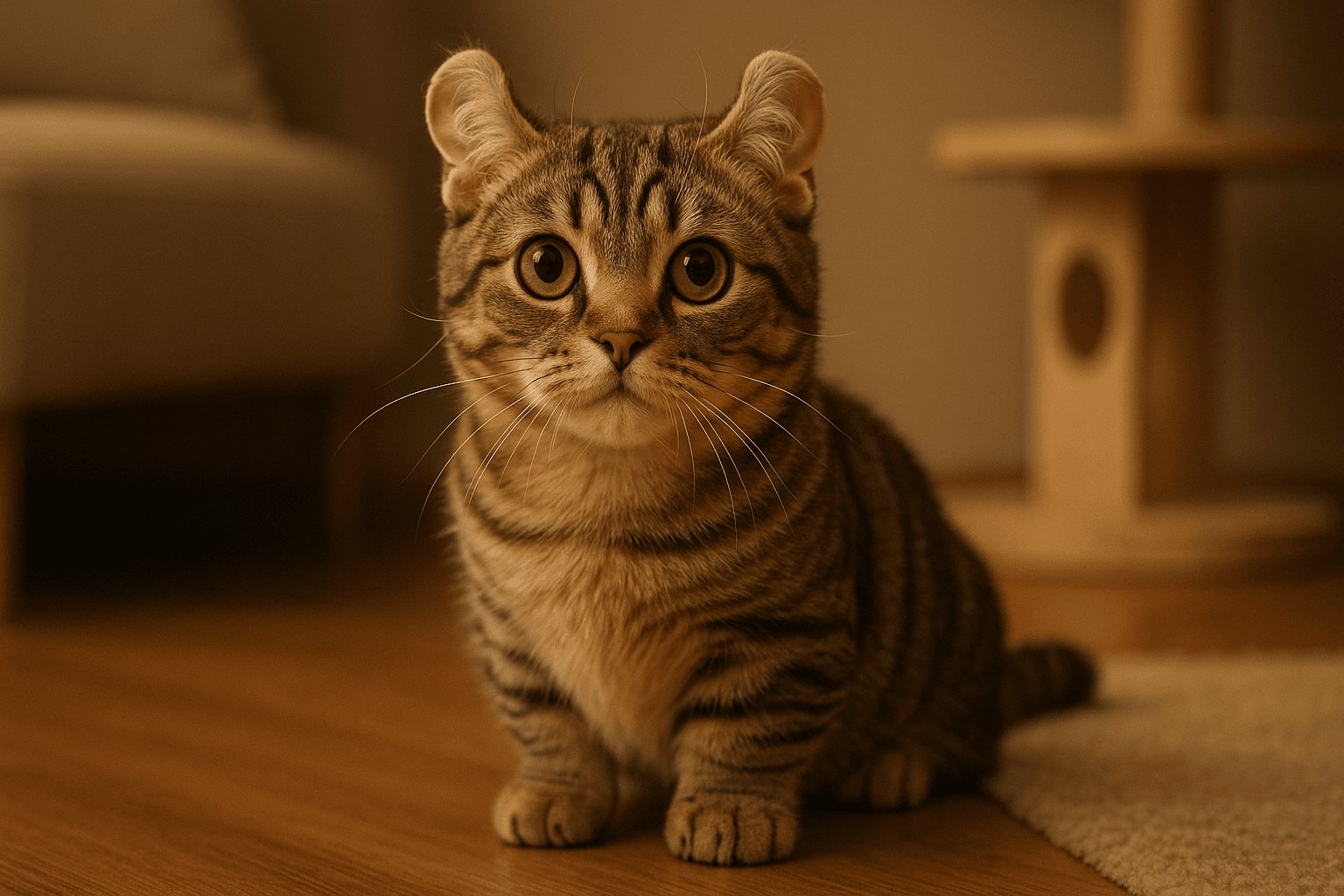 Close-up of a tabby Kinkalow cat with curled ears, large round eyes, and brown and black striped fur, against softly blurred background.