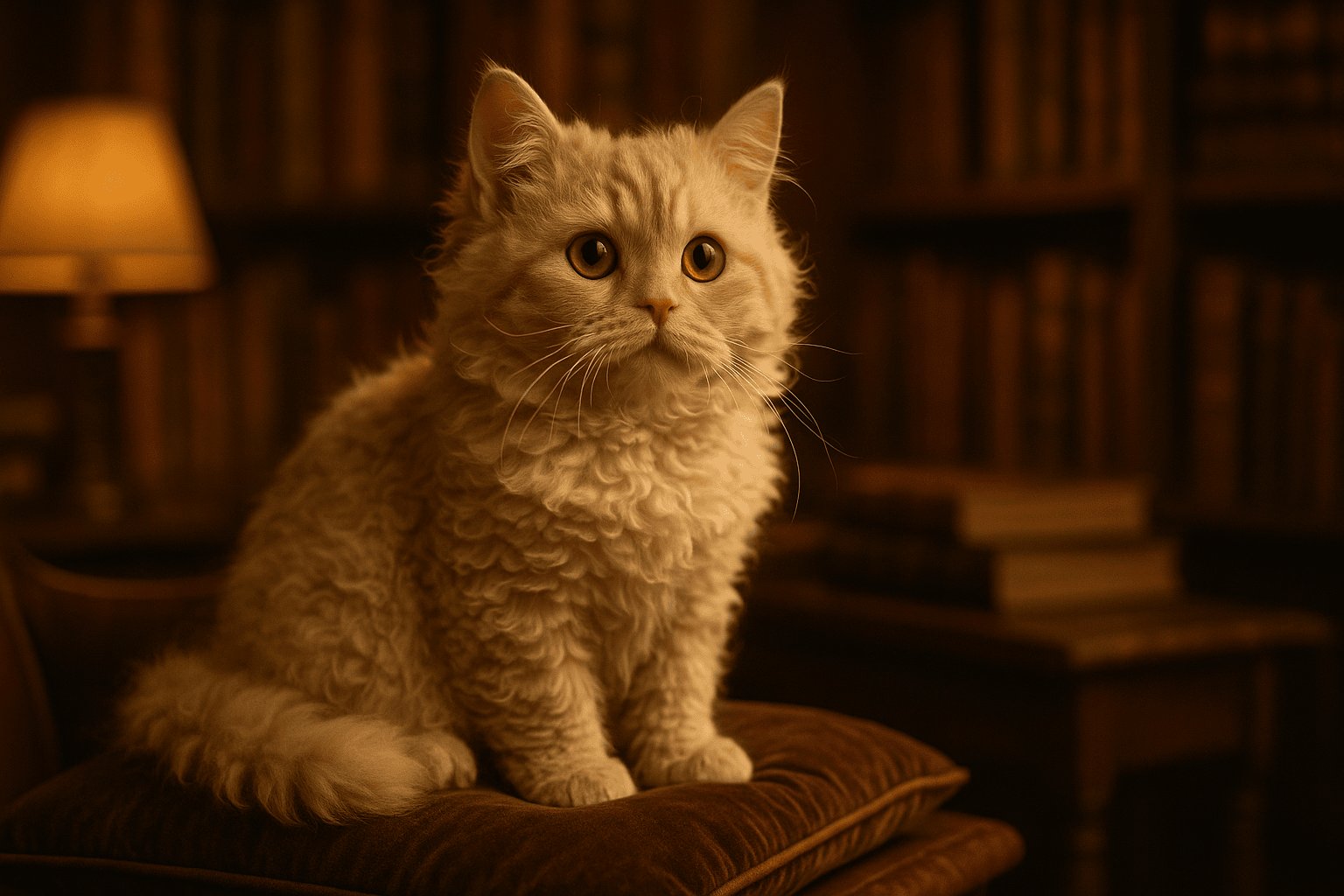 Fluffy light-colored Lambkin Cat with curly fur, large round eyes, sitting on a dark brown cushion in a cozy room.