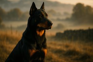 Beauceron Dog with black and tan coat sits in golden light of sunrise, background of dry grass field and blurred distant trees