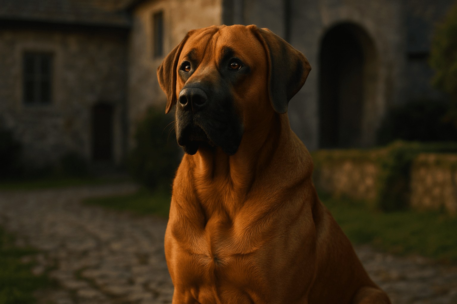 Broholmer Dog with reddish-brown coat sits on cobblestones before a rustic stone building, gazing upward with a dignified expression