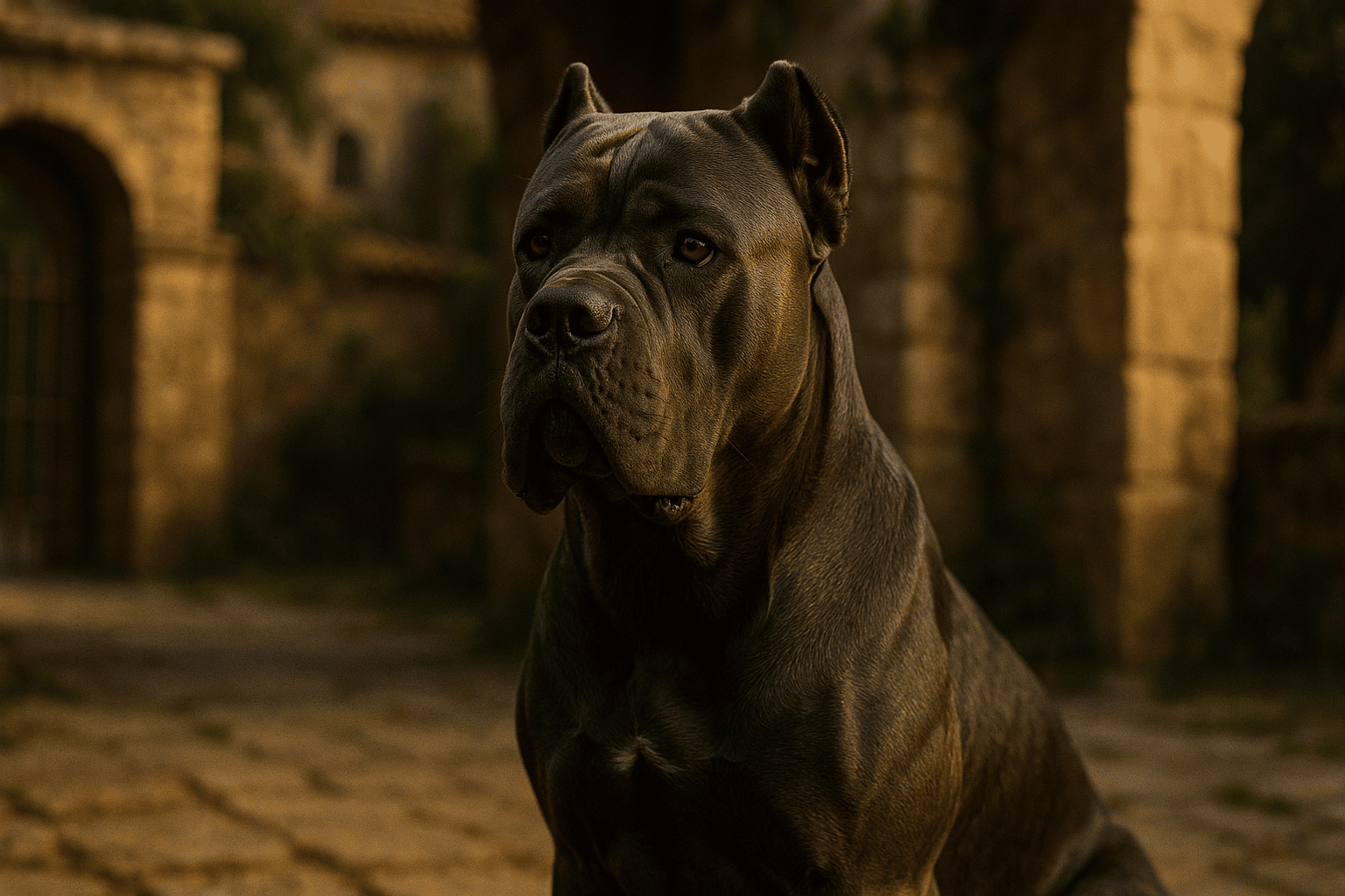 Majestic Cane Corso Dog with a dark, sleek coat sitting regally in front of an ancient, weathered stone building.