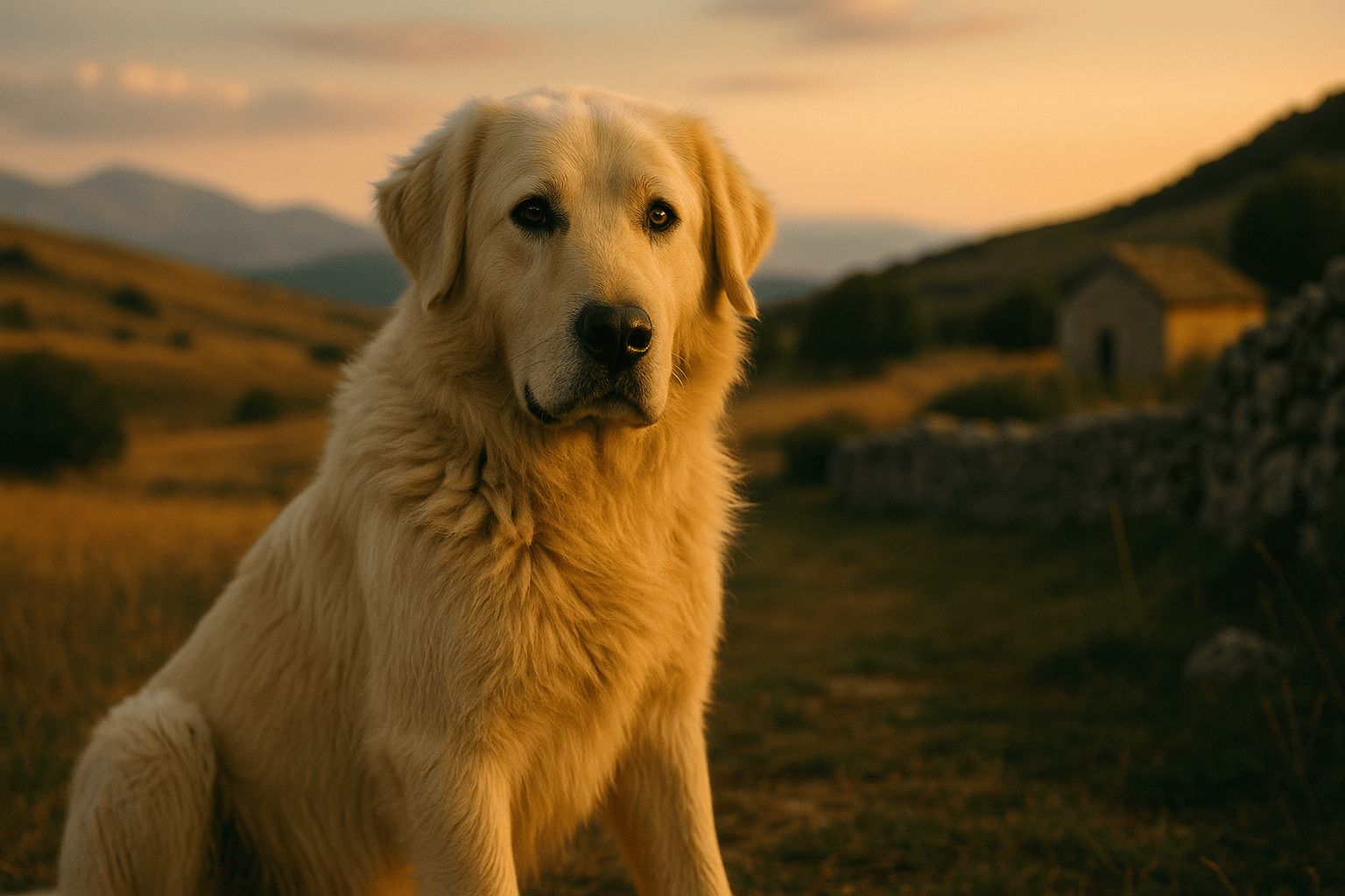 Majestic Cane Paratore Dog with golden fur sits against a serene countryside backdrop at sunset.
