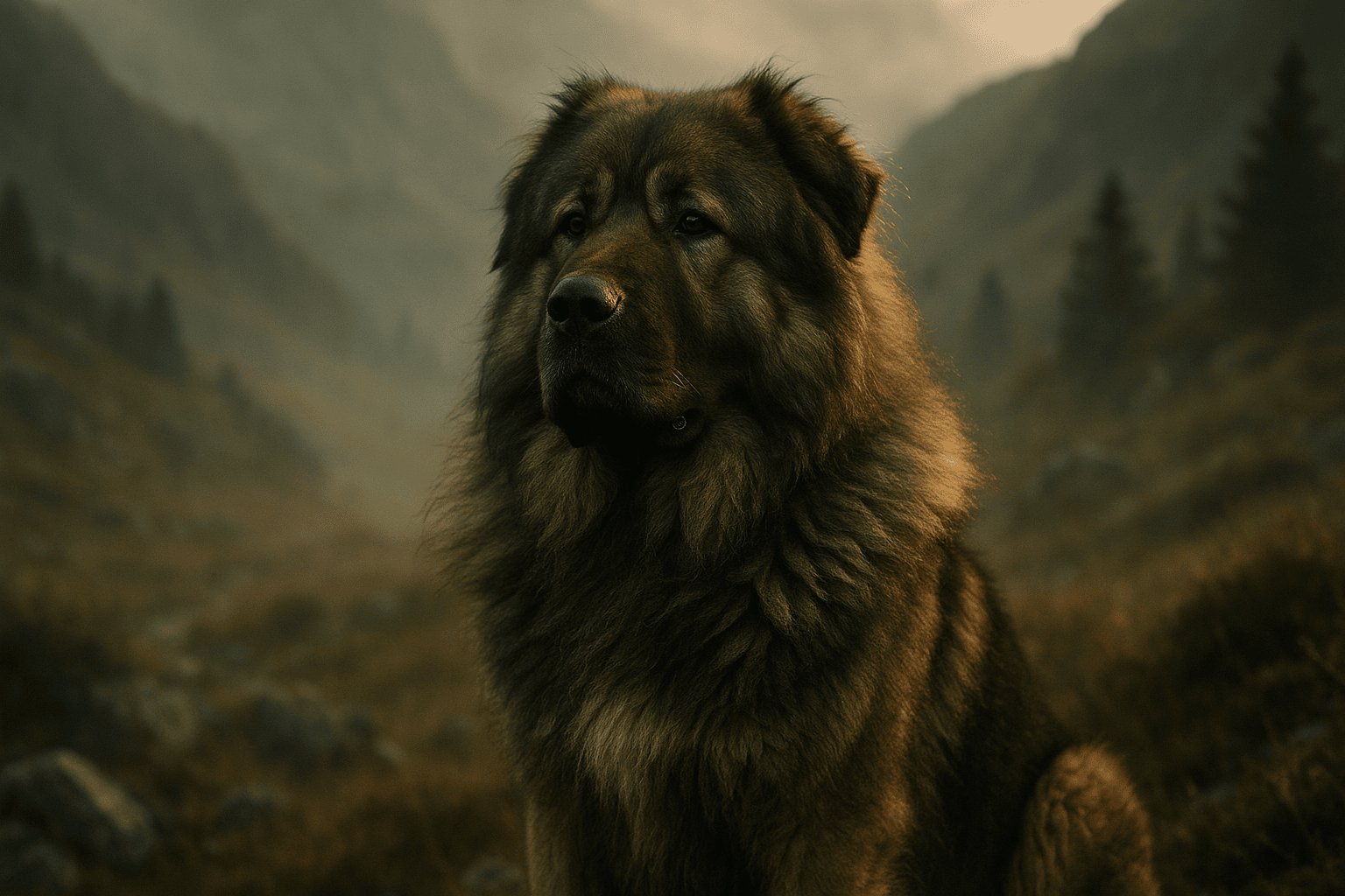 Close-up of a majestic brown, long-haired Caucasian Shepherd Dog with a serious expression, against a mountain backdrop.
