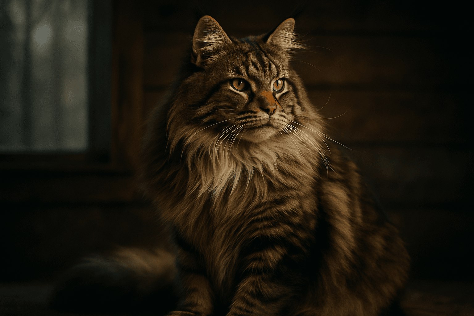 Majestic Maine Coon cat with long brown and grey tabby fur, amber eyes, and fluffy neck fur, sitting indoors near a window.