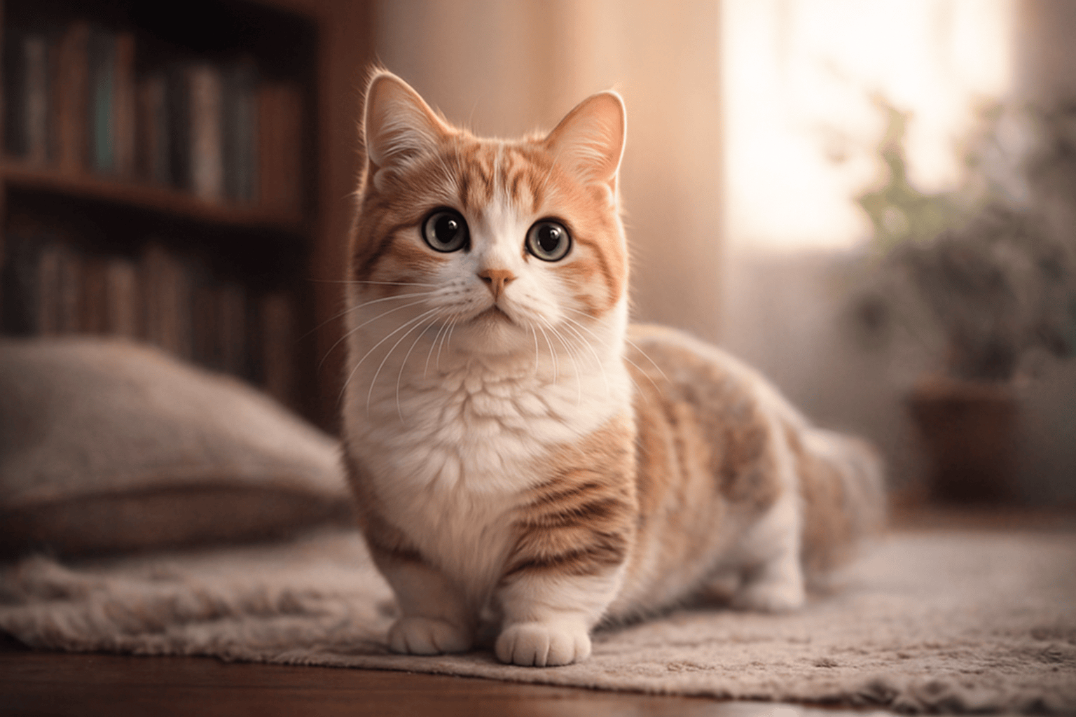 Orange and white Munchkin cat with short legs sitting on a light-colored rug in a cozy indoor setting.
