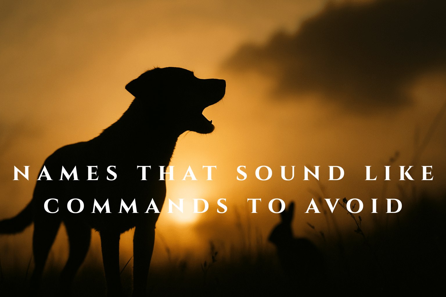 Silhouette of a Labrador Retriever dog facing right with open mouth against a golden sunset sky and distant rabbit silhouette.