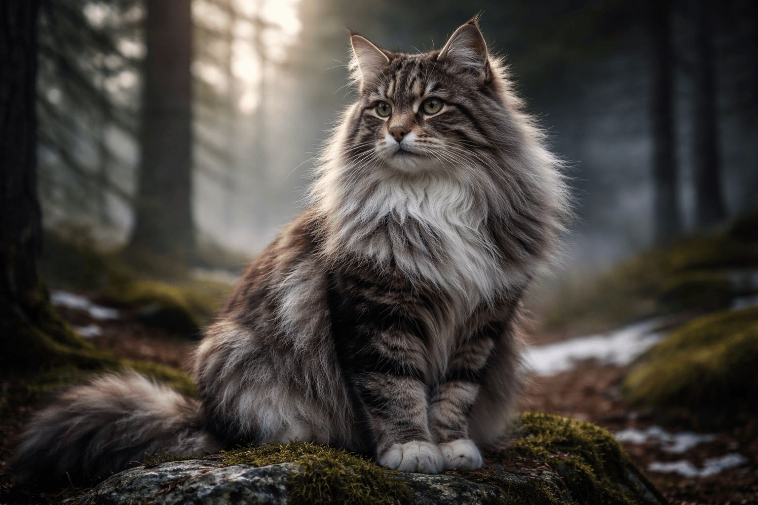Norwegian Forest Cat, long-haired brown tabby with white mane, sitting on a mossy rock in a forest, looking to the left.