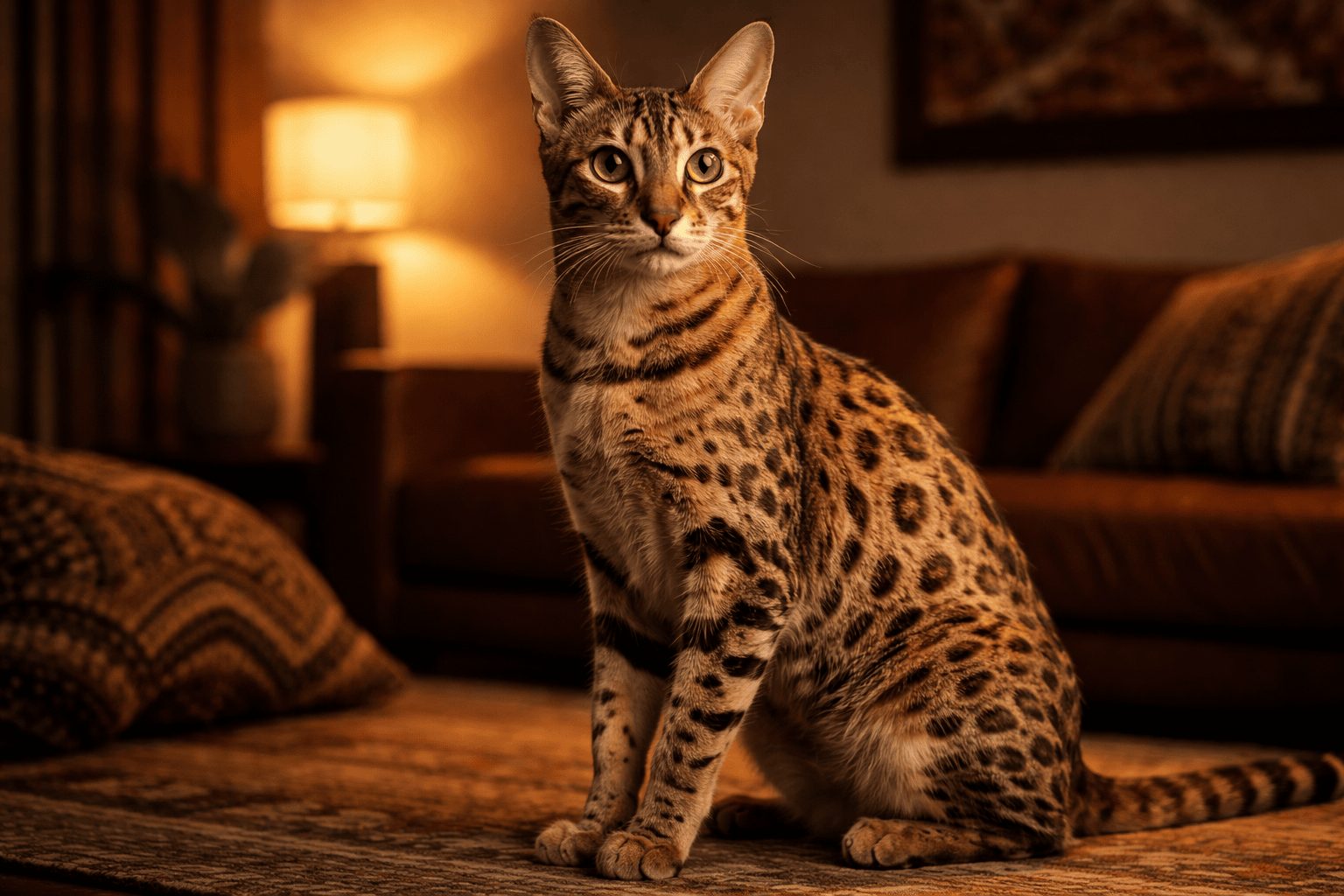 Ocicat with golden-brown spotted coat sitting upright in a warmly lit living room on a patterned rug.