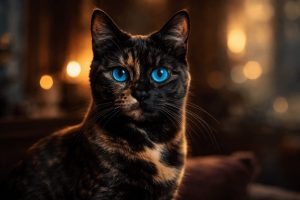 Tortoiseshell Ojos Azules Cat with striking blue eyes in close-up portrait against blurred indoor background.