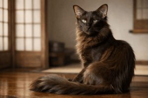 Chocolate brown Oriental Longhair Cat with green eyes sits on wooden floor in Japanese room.