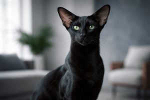 Sleek black Oriental Shorthair cat with green eyes facing viewer in modern interior.