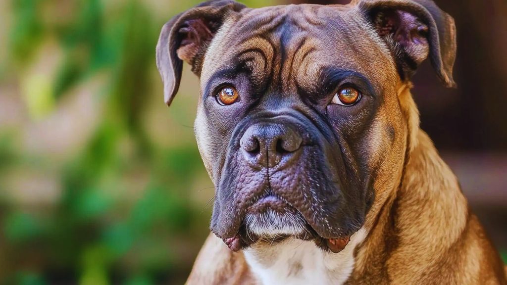 Close-up of Alano Español dog with reddish-brown coat and intense gaze against blurred green background.


