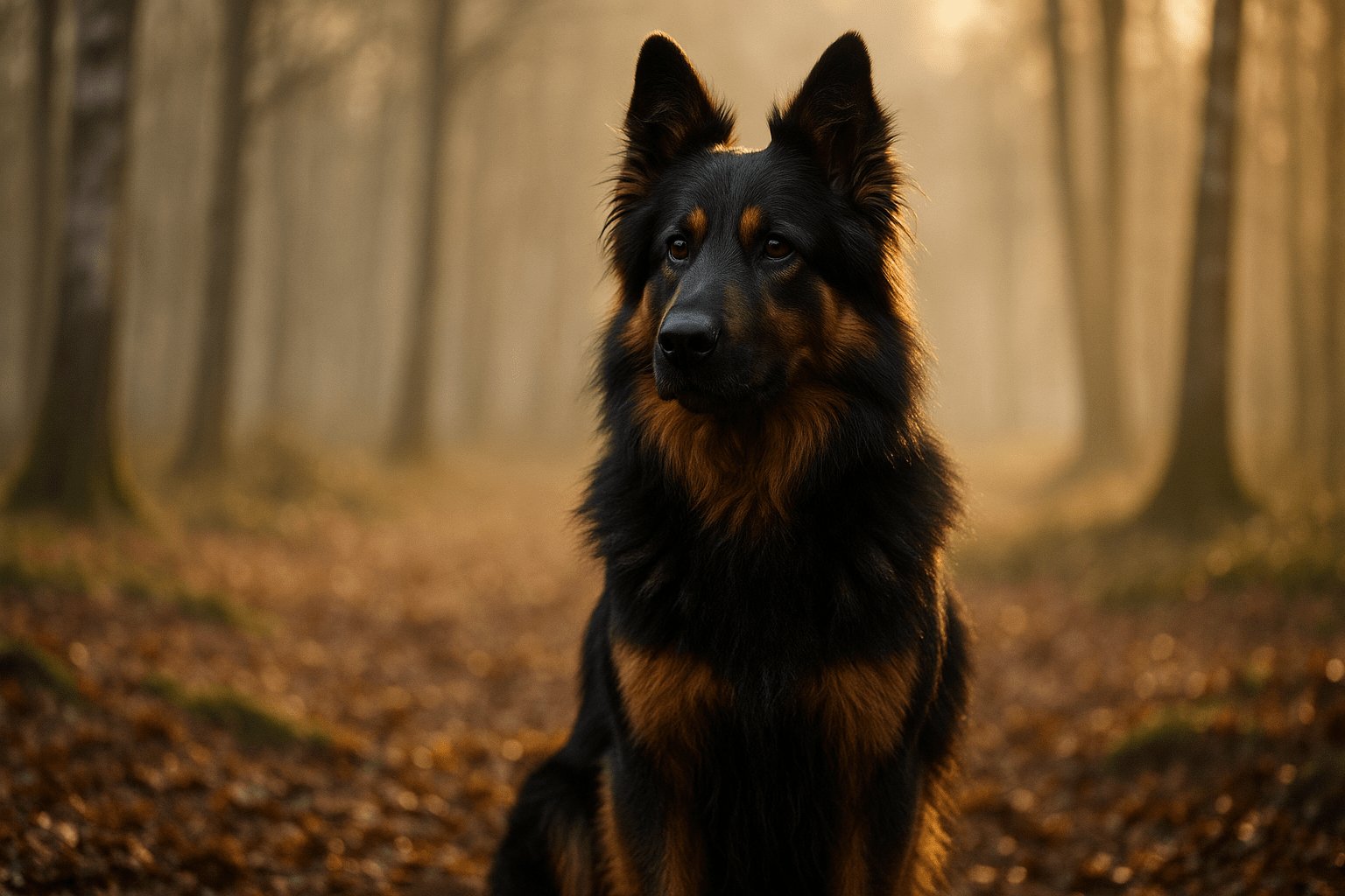 Bohemian Shepherd Dog with black and brown coat sits in a misty forest, ears pointed, gazing off thoughtfully amid soft glowing light
