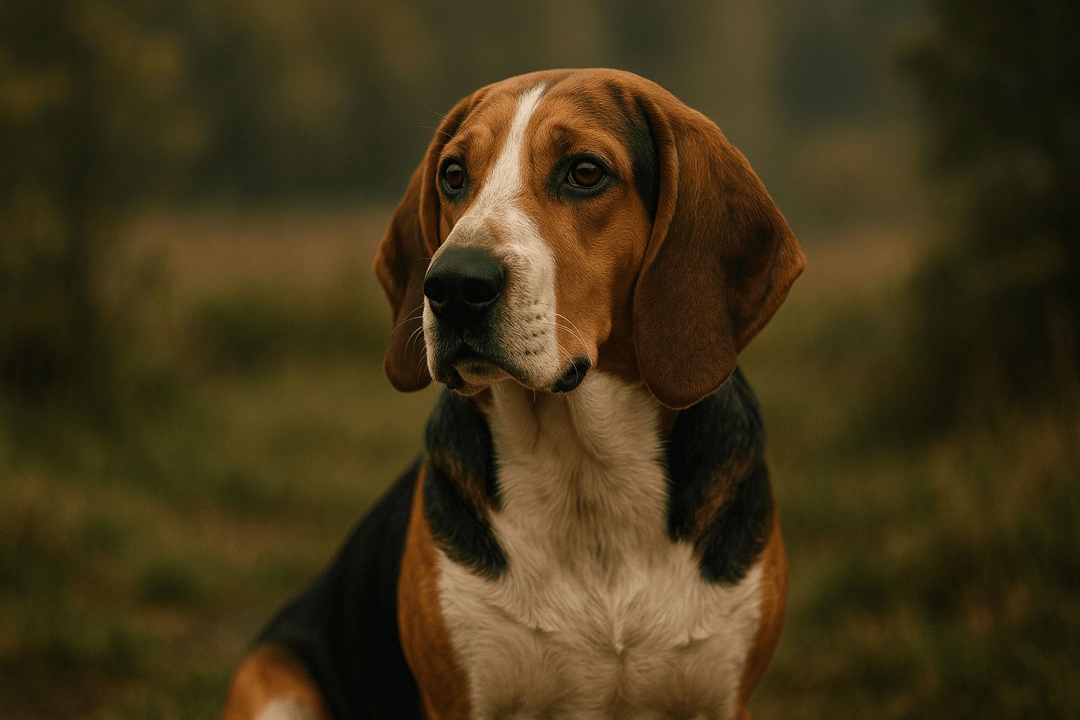 Close-up of alert Artois Hound dog with reddish-brown, black, and white fur against a blurred outdoor background