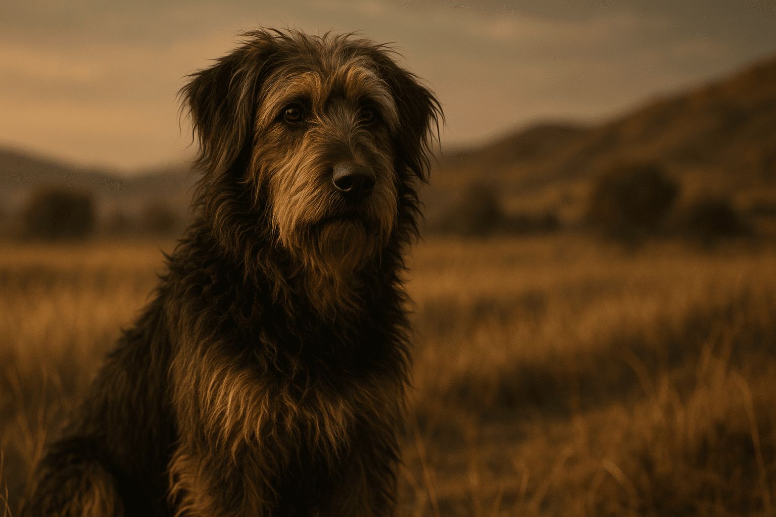 Shaggy-haired Armant Dog sits in golden dry grass, warm light casting soft tones over a peaceful field with hills in the background