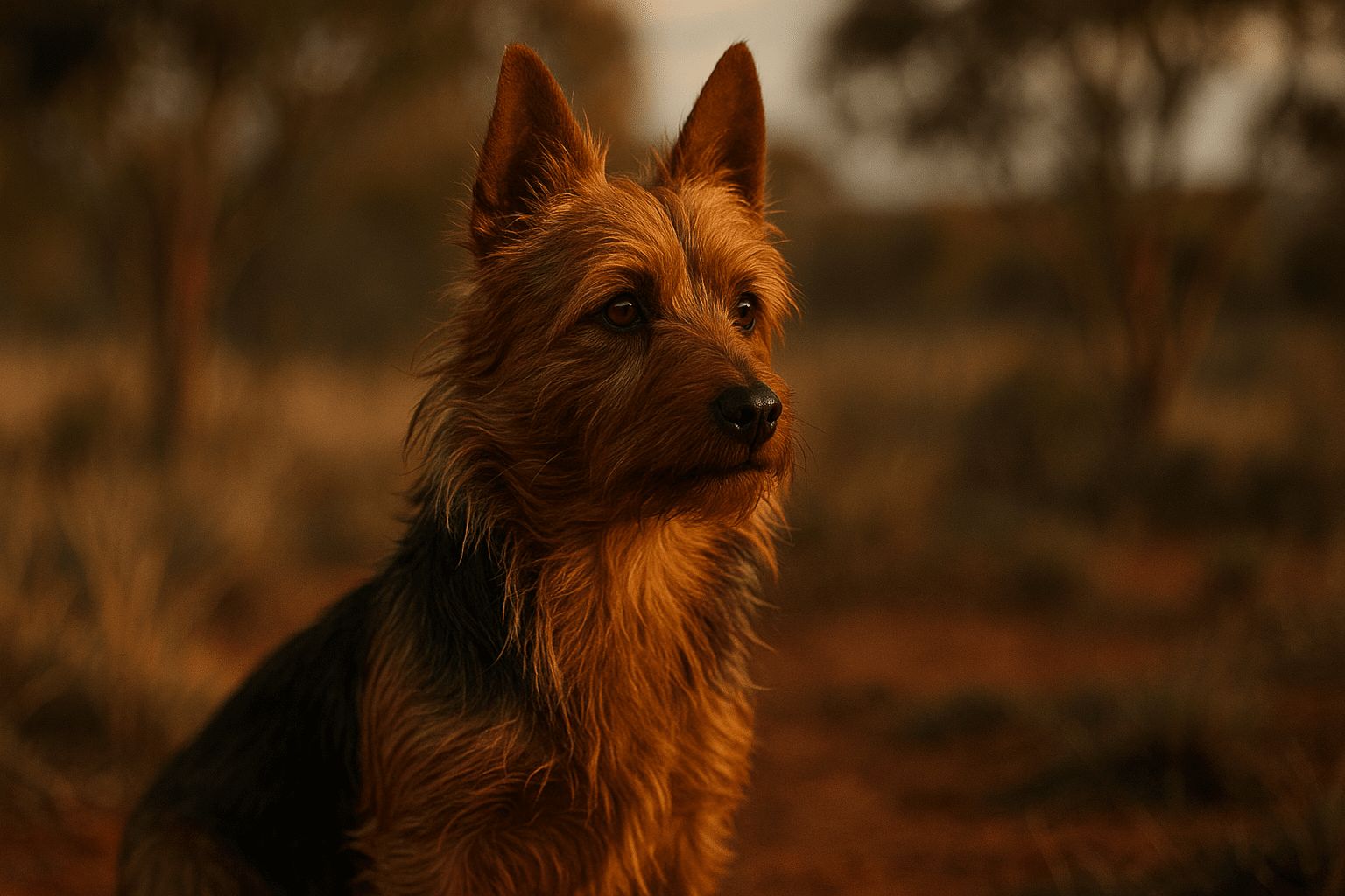 Australian Terrier Dog in profile with shaggy reddish-brown fur, looking right in warm outdoor lighting, blurred brown-orange background
