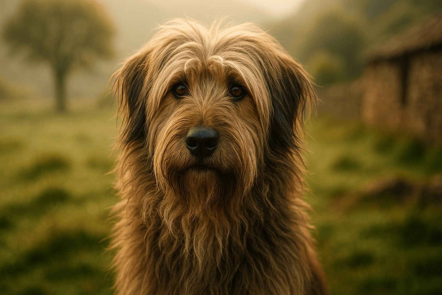 Large, shaggy brown Catalan Sheepdog with a contemplative expression, sitting near a stone building and tree.