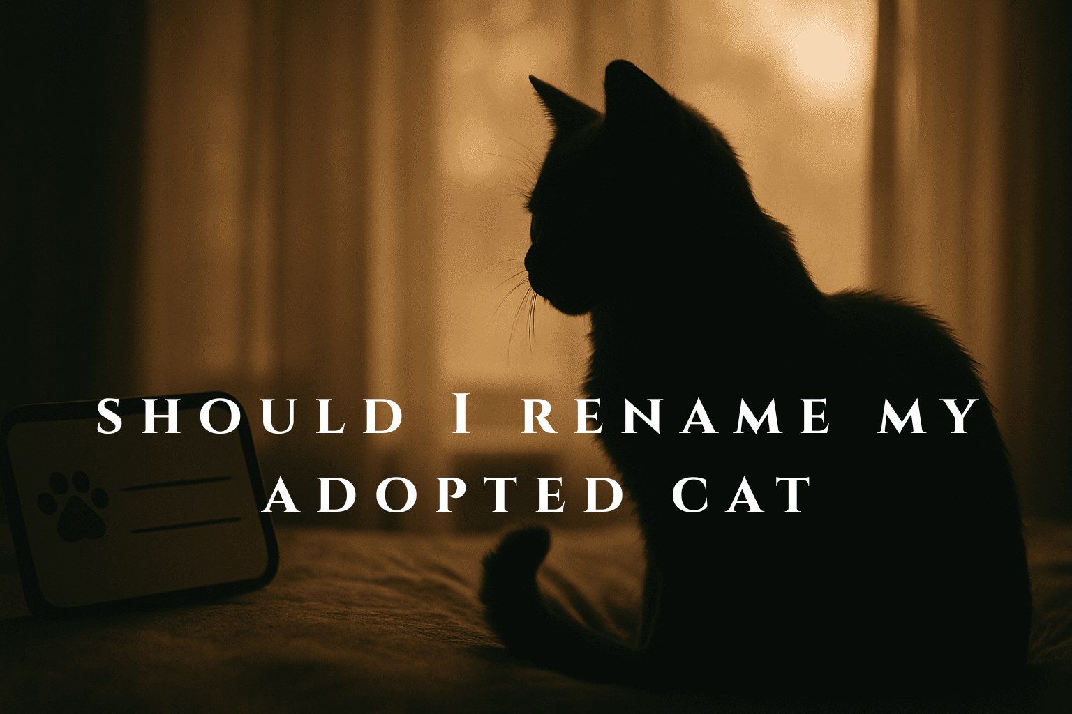 Silhouette of a gray-black cat on bed in a dimly lit room with "SHOULD I RENAME MY ADOPTED CAT" overlay and paw print object.