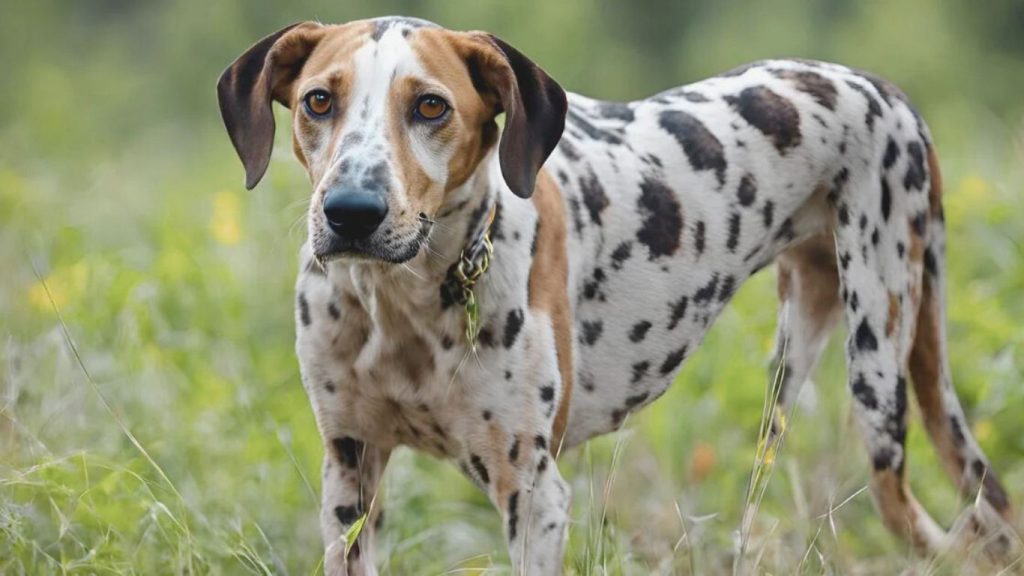 American Leopard Hound dog with spotted coat stands alert in a grassy field with soft green background
