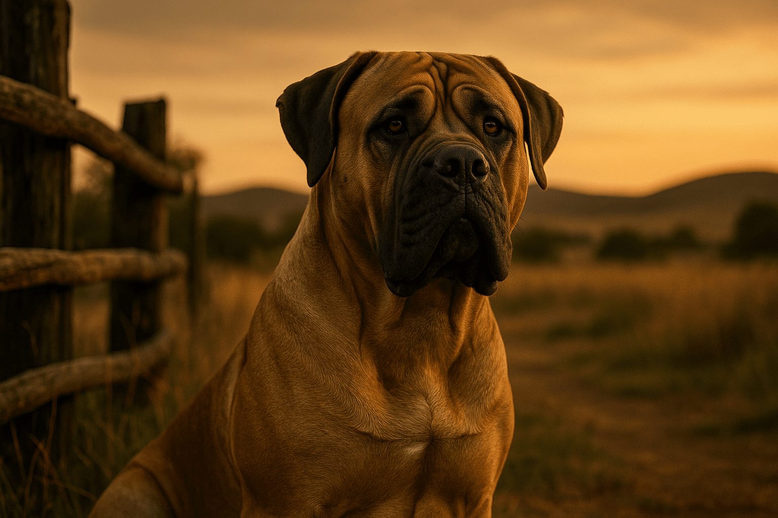 Boerboel Dog with light brown coat stands before rustic wooden fence, gazing forward under warm golden sunset light in grassy field