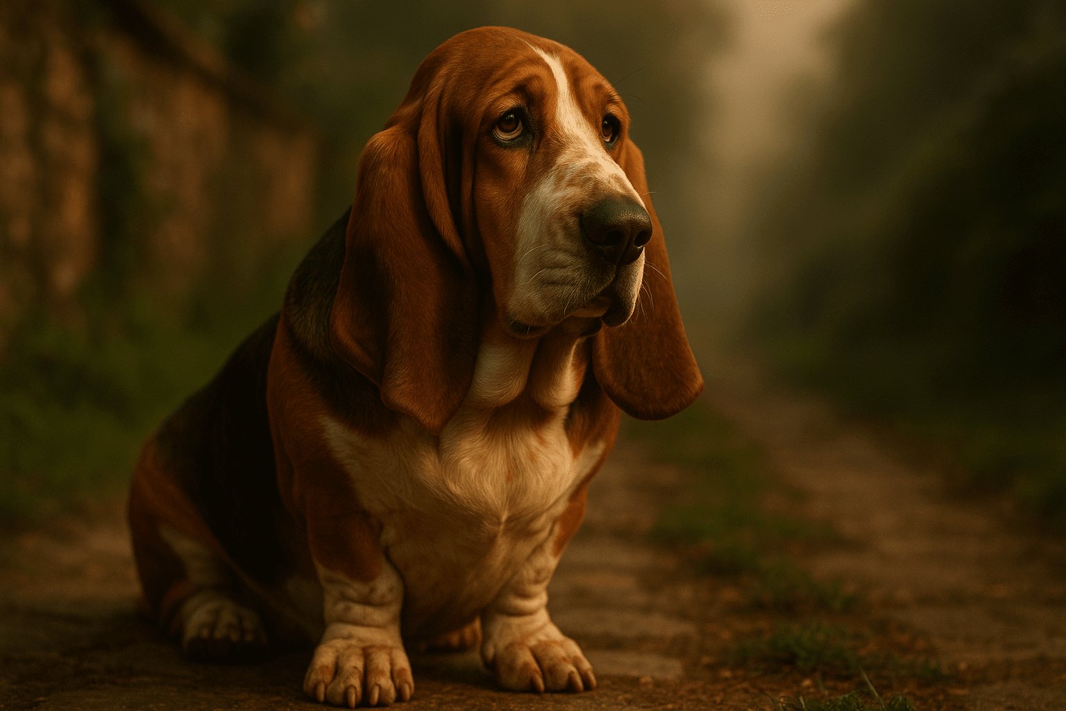 Basset Hound with reddish-brown fur and long ears sits on earthy path in soft evening light with blurred green-brown background