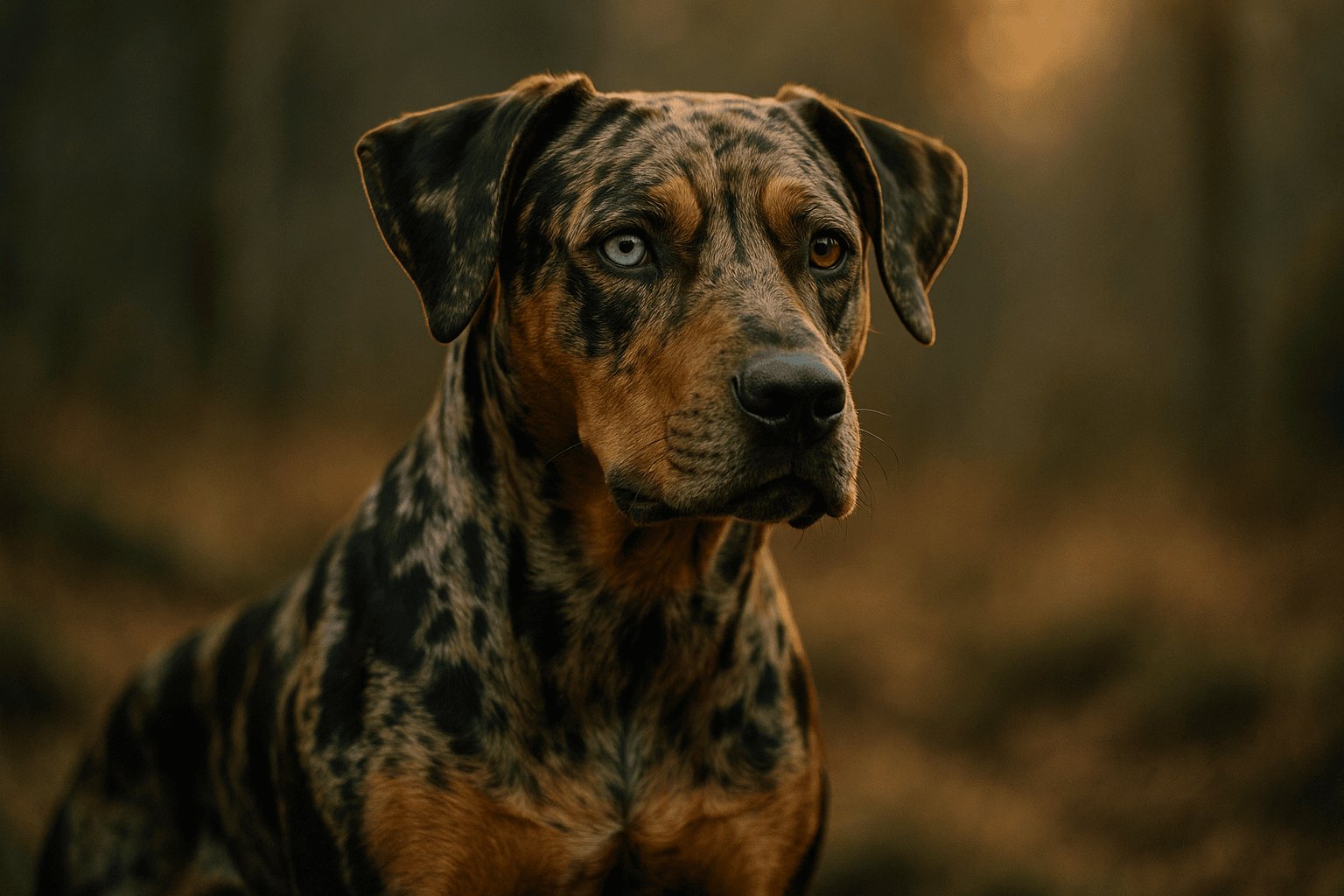 Close-up of Catahoula Leopard Dog with mottled leopard coat and striking blue and brown heterochromatic eyes.